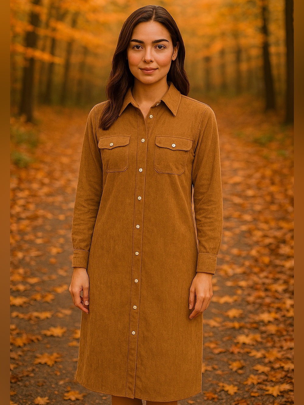 Corduroy Button-Front Shirt Dress in Camel